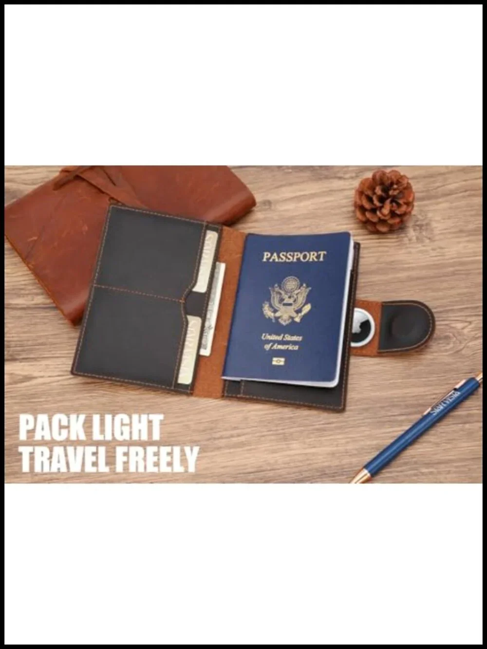 Full Grain Leather Bifold Passport Holder with RFID Blocking and AirTag Holder